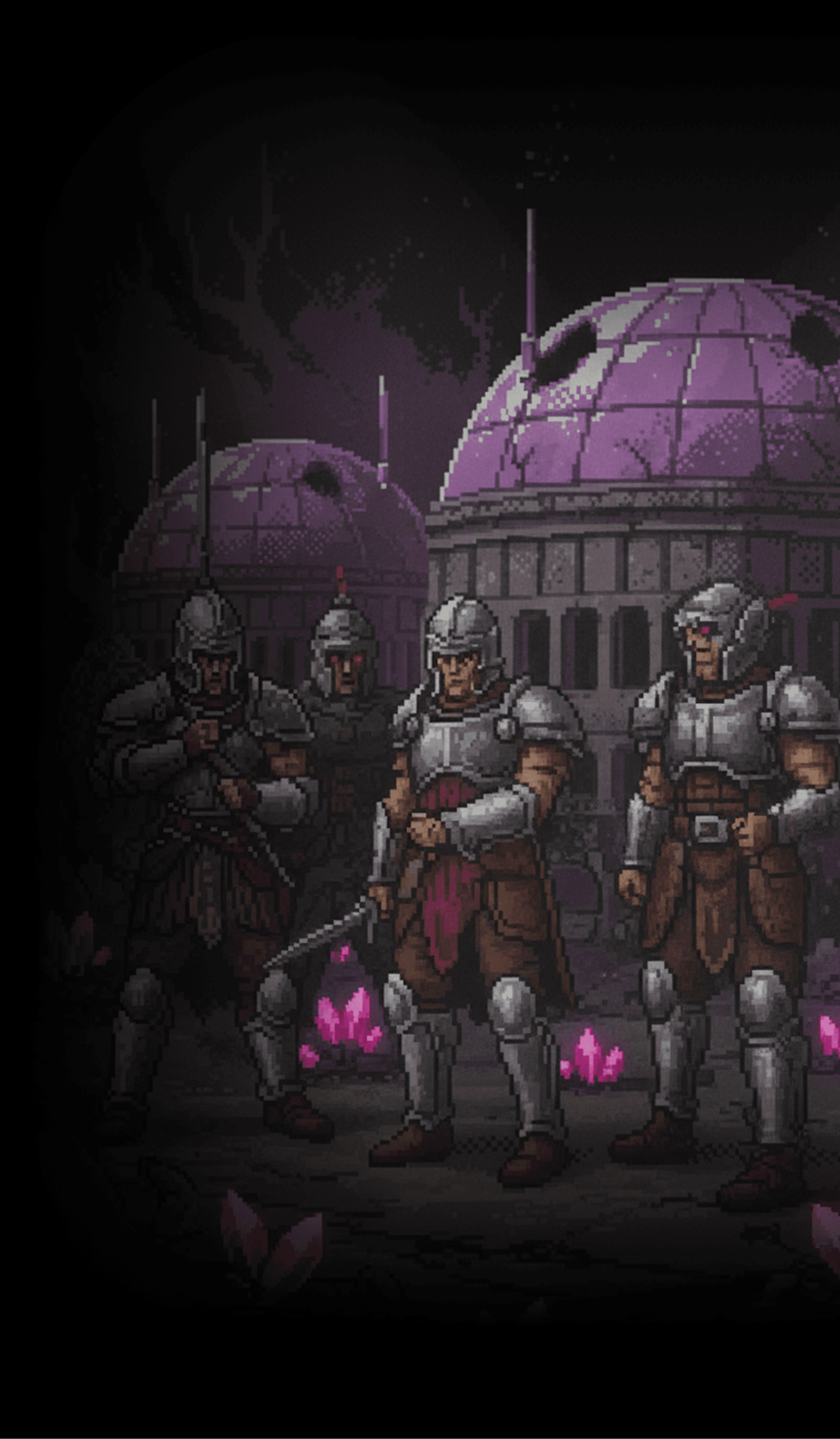 Warriors in front of rusted domes