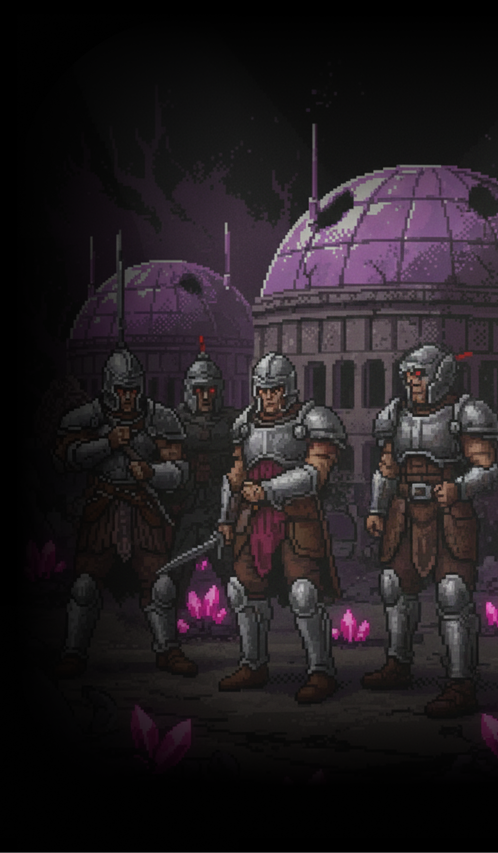 Clad warriors in salvaged plate armour stand in front of the ruined domes