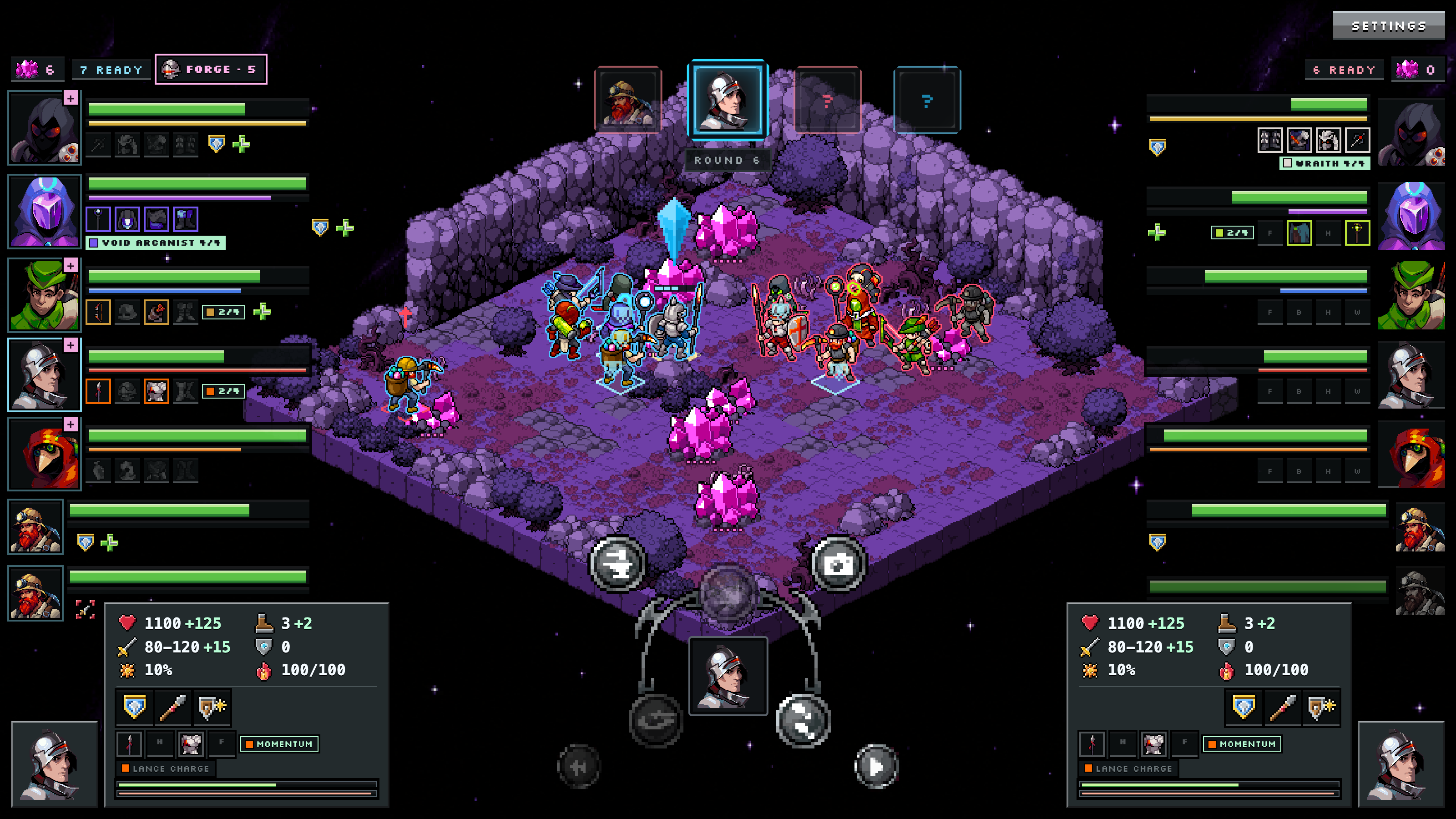 The battle HUD: each squad's portraits, health and gear down its side, the turn order across the top