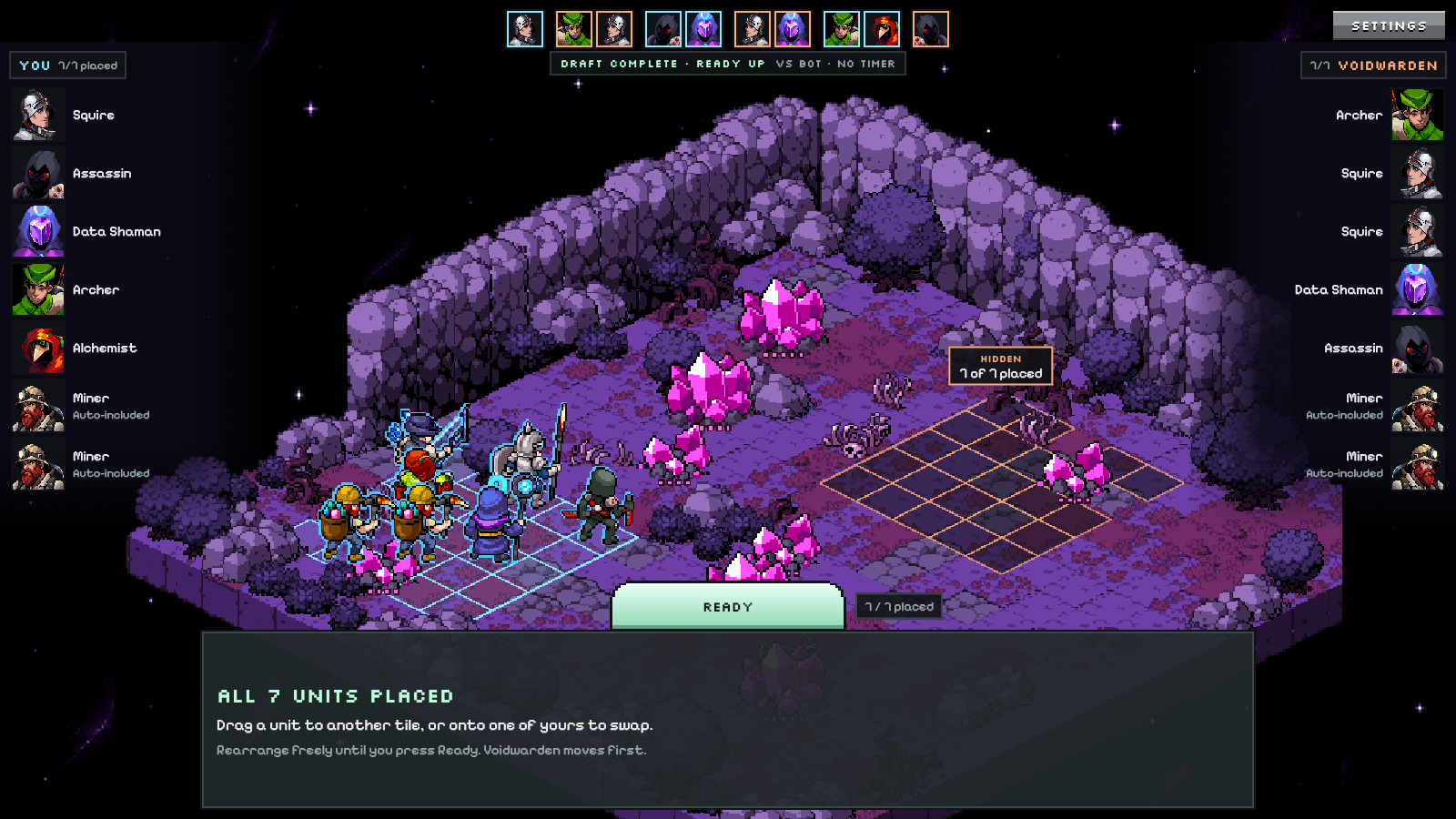 Both squads drop onto the board at once, then START MATCH