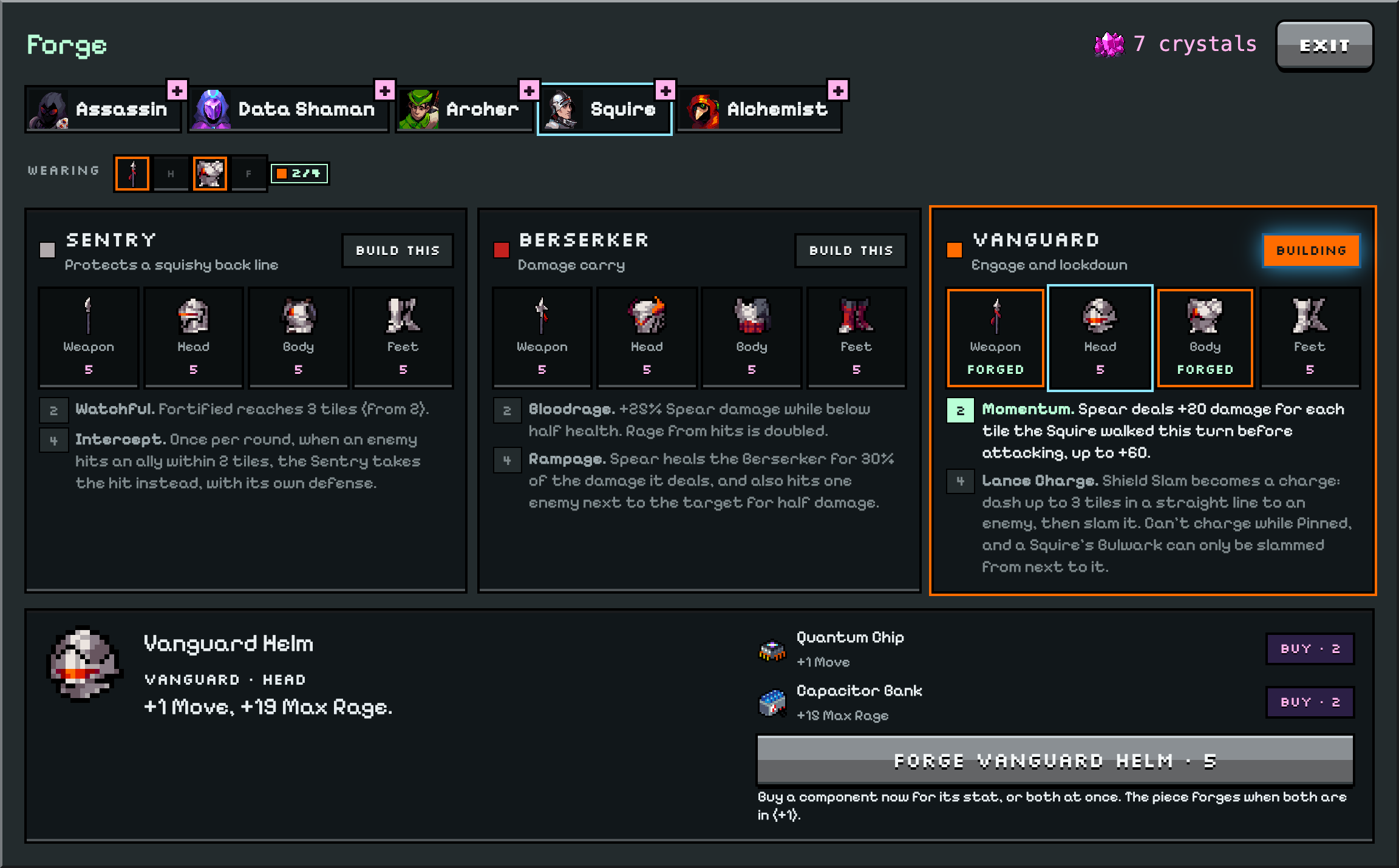 The forge on the Squire: Vanguard at two of four pieces with Momentum on, and the Vanguard Helm next for 5 crystals