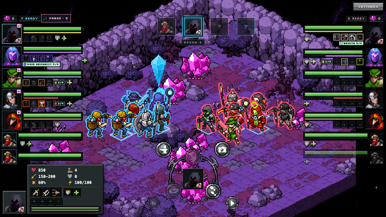 Three turns with the full HUD: Blink Slash, Fire Storm pulling enemies together, then Arrow Rain, with the turn order strip at the top